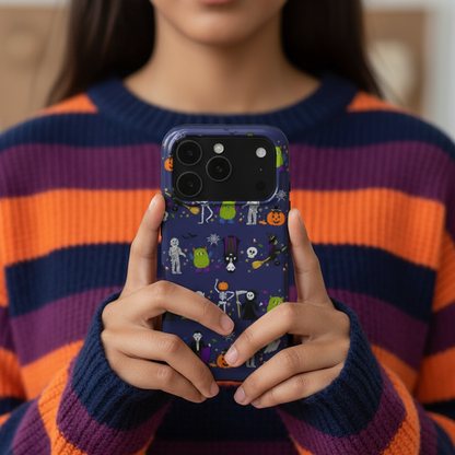 A woman holding the Halloween Parade Phone Case showing it in real life use