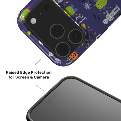 Phone case with Halloween design showing raised camera and screen edges with black rim 