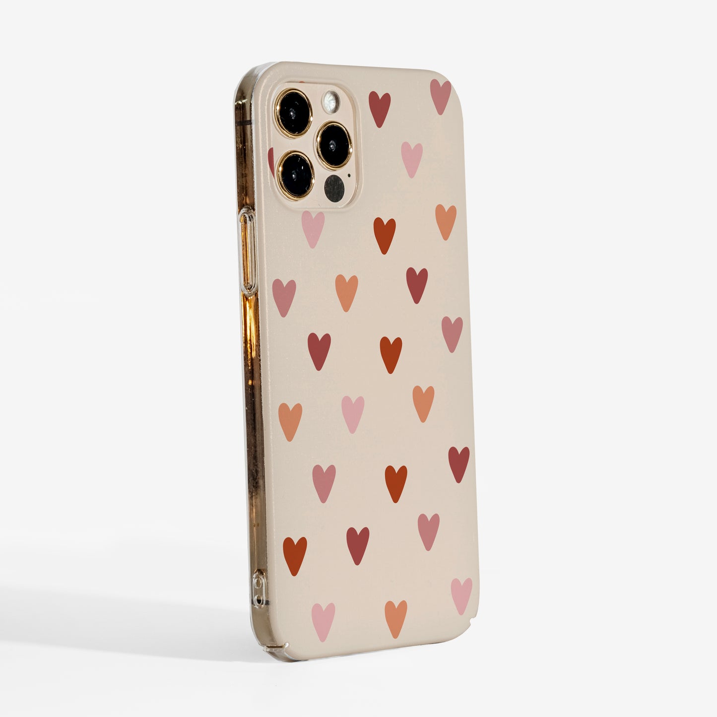 Side view showing 'Hearts' phone case with matte print and clear protective sides.
