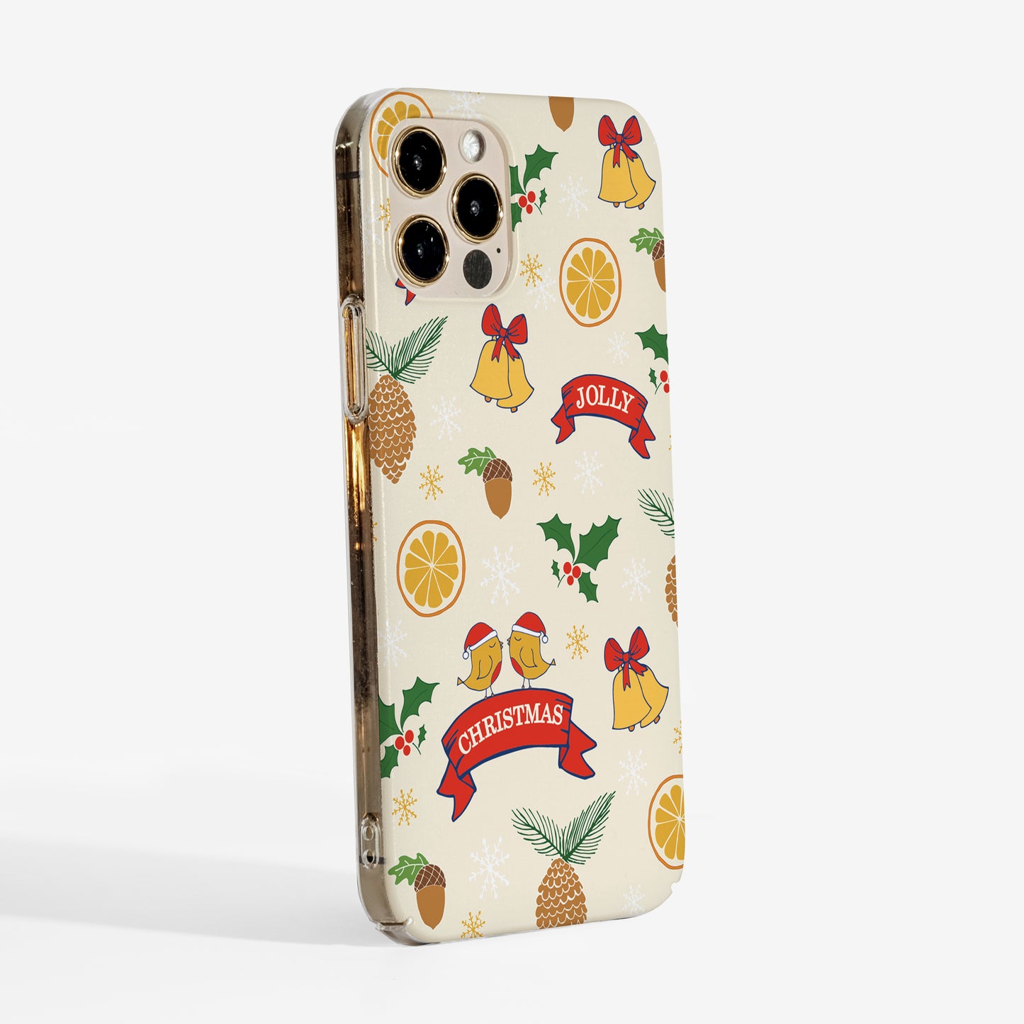 Side view showing 'holly jolly Christmas' phone case with matte finish and clear sides.