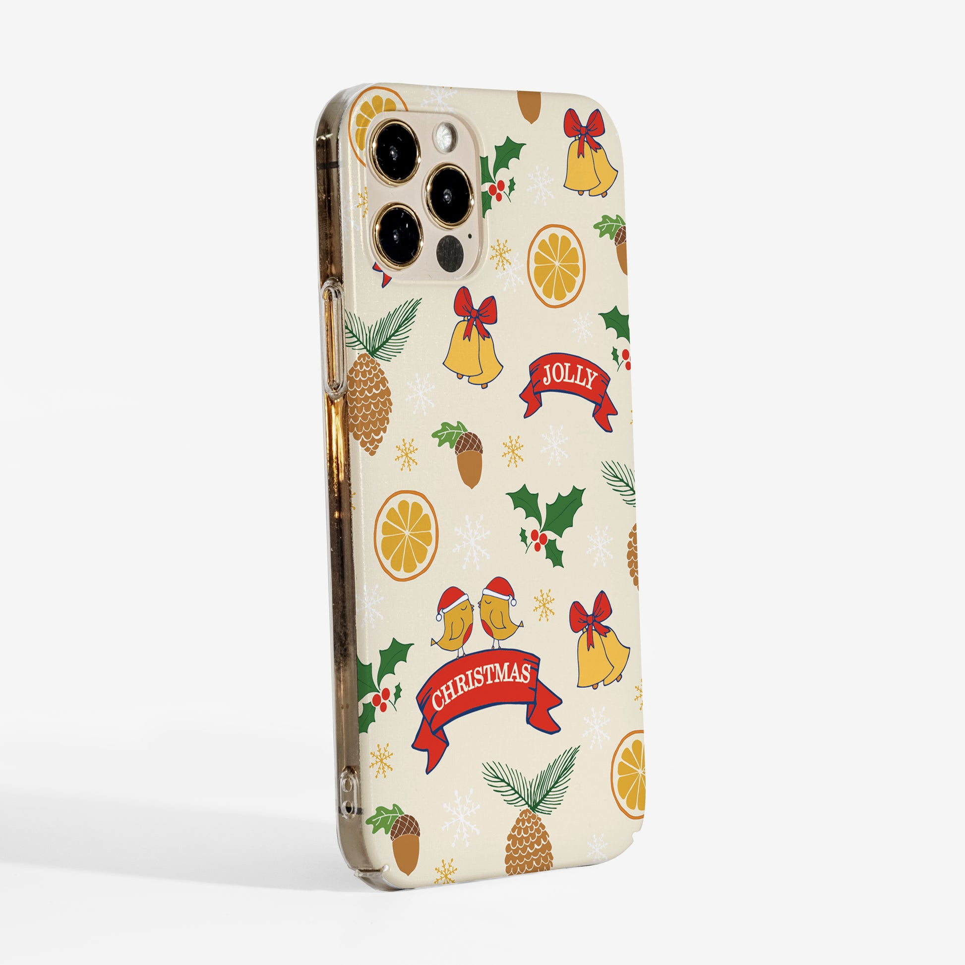 Side view showing 'holly jolly Christmas' phone case with matte finish and clear sides.