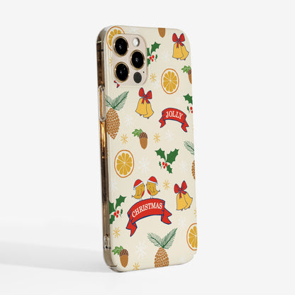 Side view showing 'holly jolly Christmas' phone case with matte finish and clear sides.