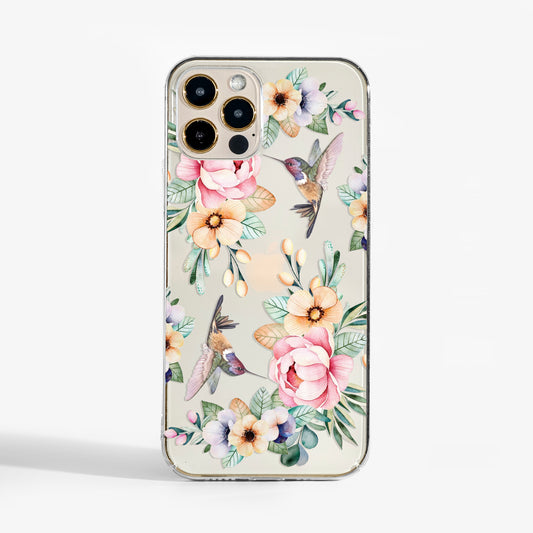 Hummingbird clar phone case featuring watercolour bird and floral art print. A stylish, protective phone case for iPhone, Samsung, and Google Pixel.