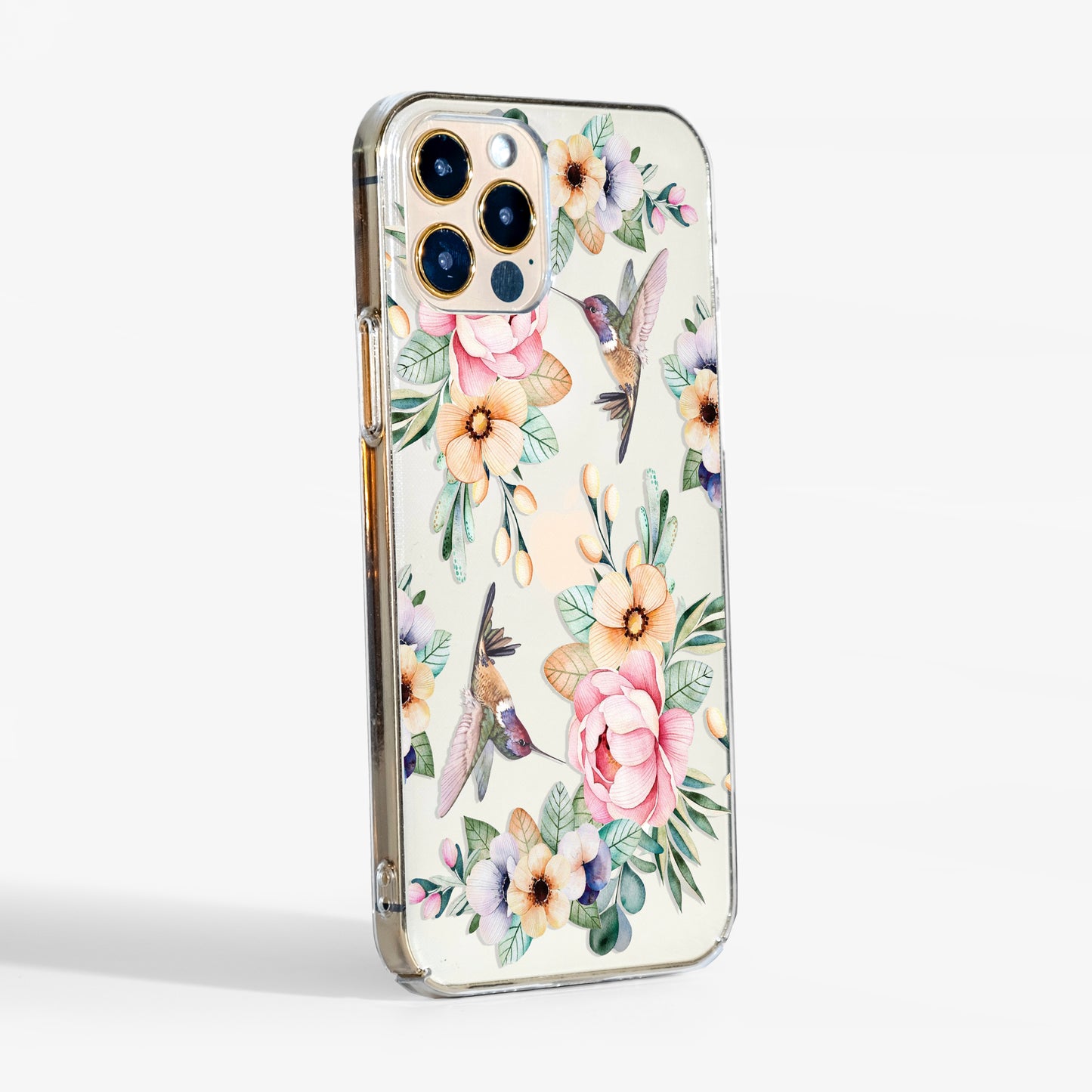 Side view showing hummingbird clear phone case with transparent sides and slim-fit design.