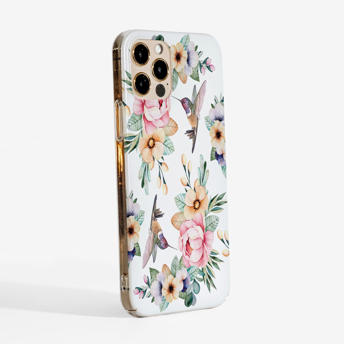 Side view of hummingbird phone case showing matte surface and slim protective design with transparent sides.