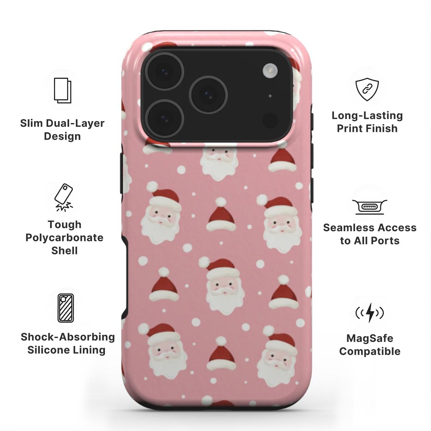 Jolly Santa Tough Phone Case showing features like dual layer protection, long-lasting print and easy access to all ports 