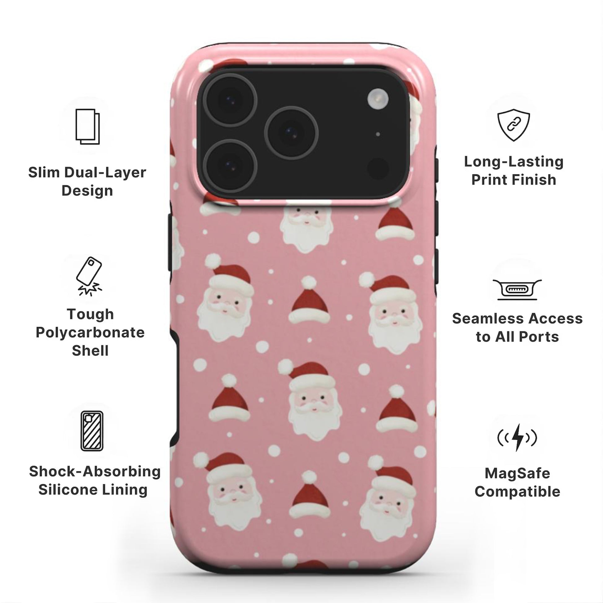 Jolly Santa Tough Phone Case showing features like dual layer protection, long-lasting print and easy access to all ports 