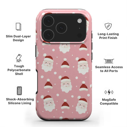 Jolly Santa Tough Phone Case showing features like dual layer protection, long-lasting print and easy access to all ports 