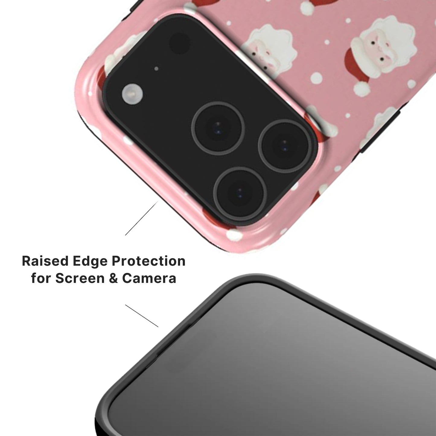 Jolly Santa Tough Phone Case howing raised camera and screen edges with black rim 