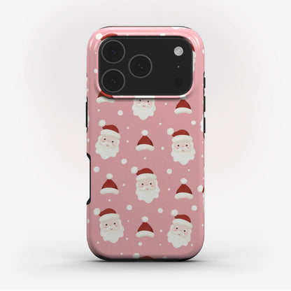 Jolly Santa tough Phone Case featuring watercolour Santa faces on a soft pink background for a full on Christmas mood. 