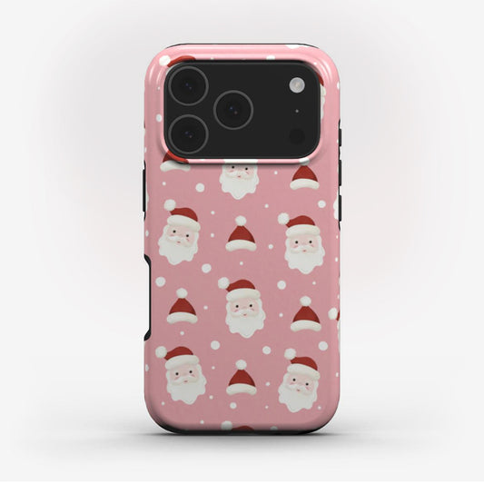 Jolly Santa tough Phone Case featuring watercolour Santa faces on a soft pink background for a full on Christmas mood. 