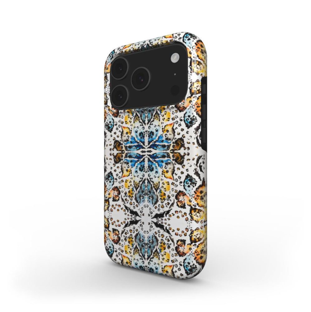 Side view of the Kaleidoscope Animal Print Tough Case showing glossy wraparound edges and sturdy build.