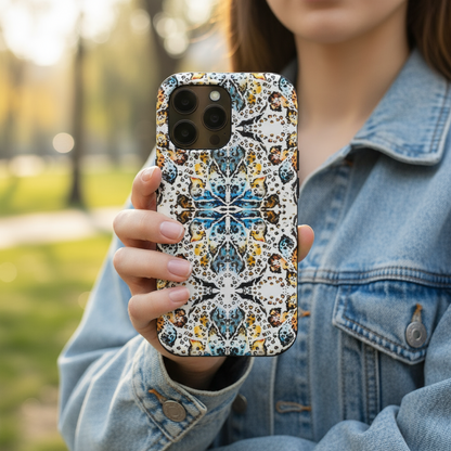 a womann holding a phone with the Kaleidoscope Animal Print  Phone Case showing it in real life