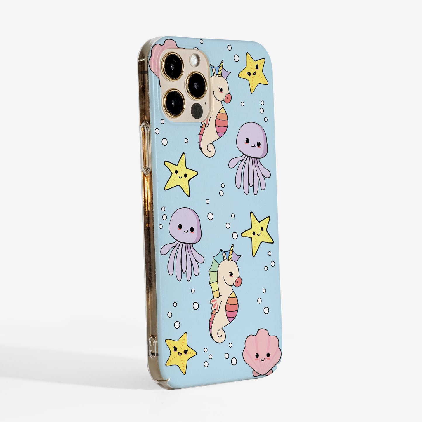 Side profile of Sea Creatures phone case with smooth matte finish and clear sides