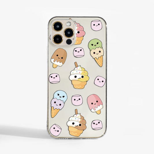 Cute kawaii ice cream clear phone case with colourful  design. A pretty, protective designer phone case for women.