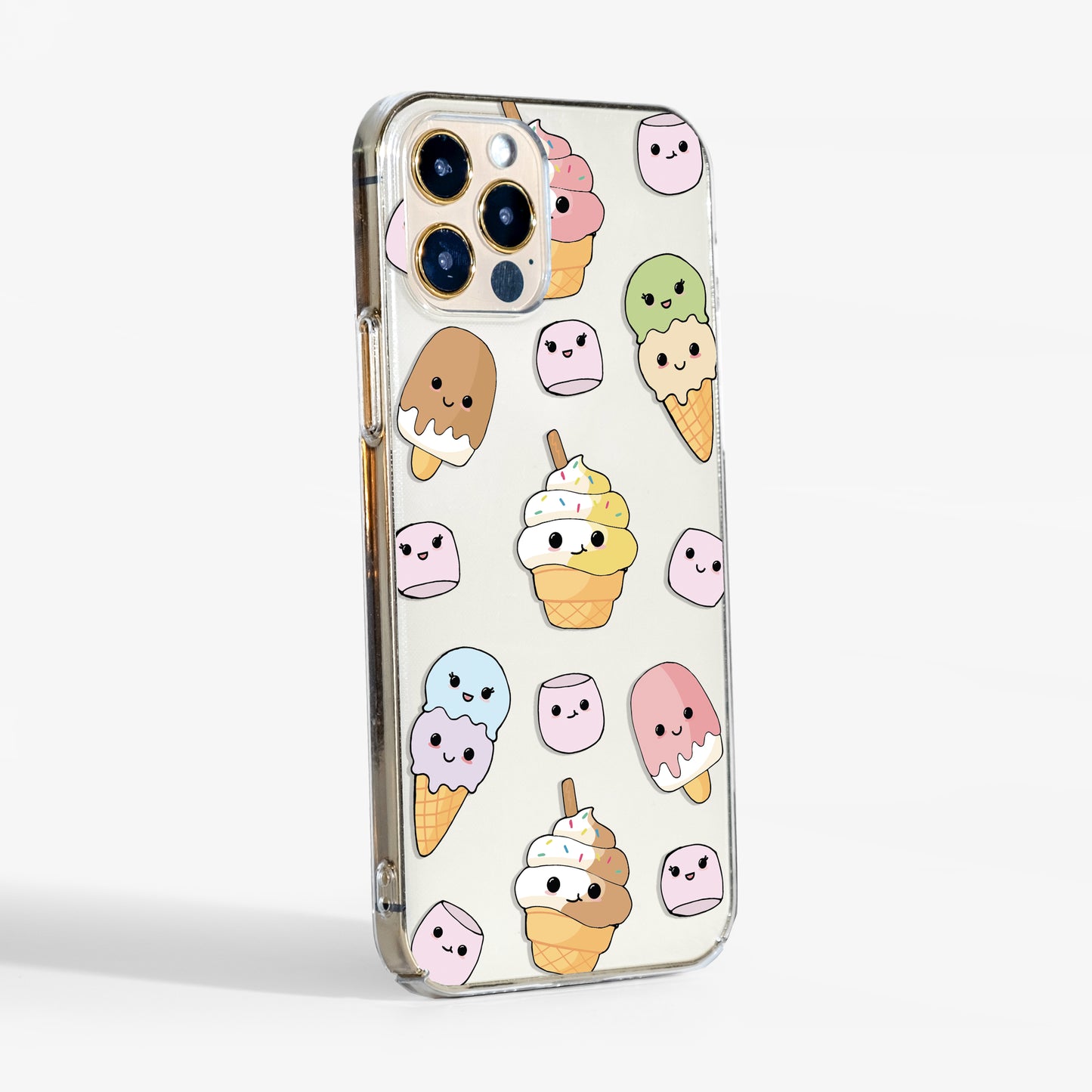 Side view showing clear ice cream phone case with transparent edges and slim, protective shell.
