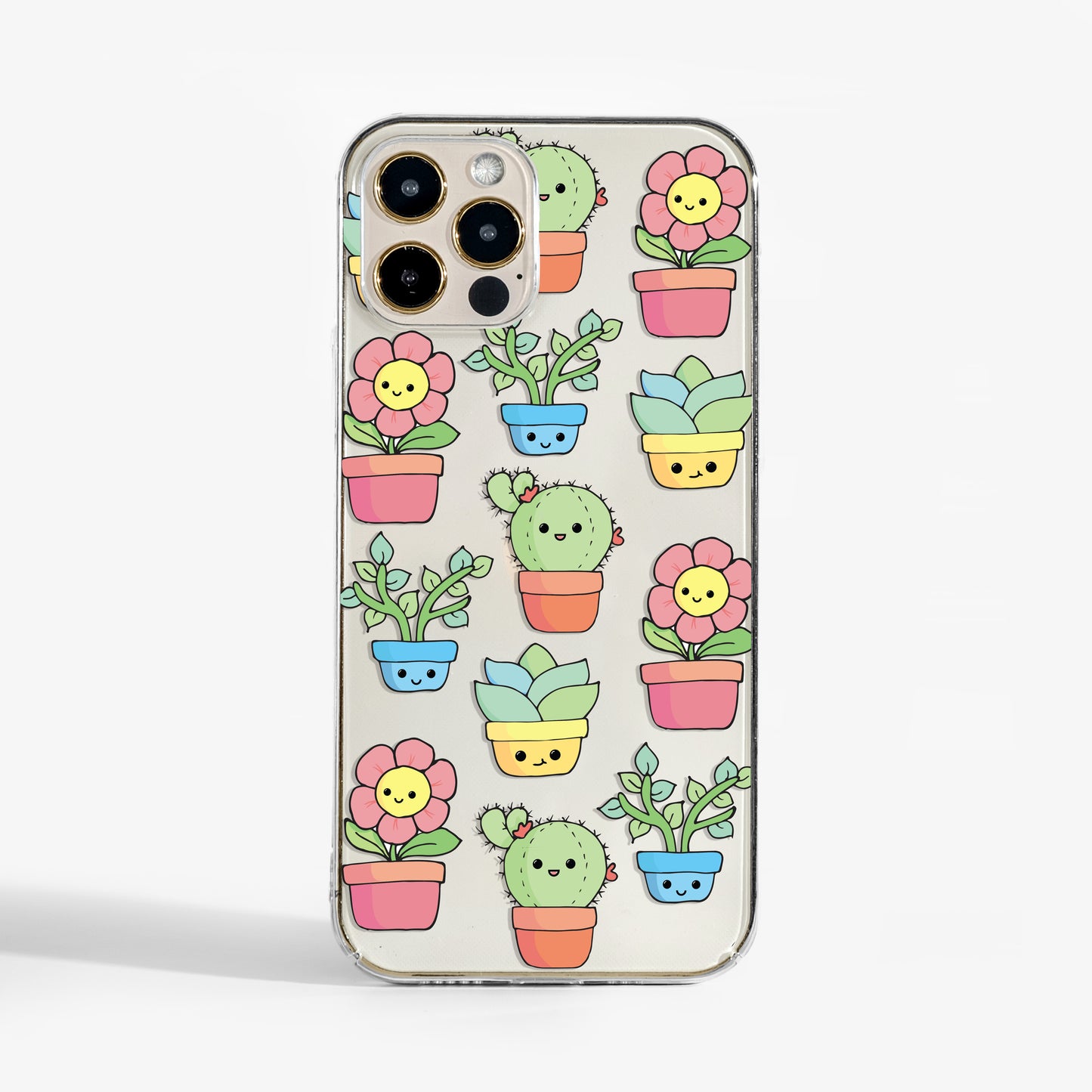 Kawaii plants clear phone case with cute illustrated succulents. A stylish art phone case for iPhone, Samsung, and Google Pixel.