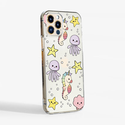 Side angle of Cute Sea Creatures clear case showing transparent sides and lightweight cover