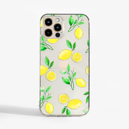 Clear lemon phone case featuring fresh citrus art design. A designer phone case for women who love playful prints.