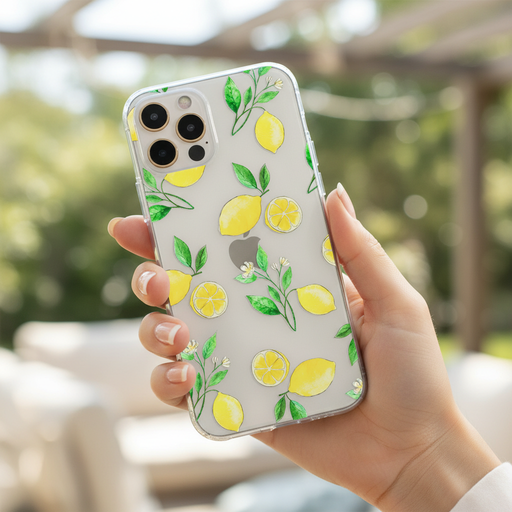 Phone case with lemon design held by a hand 