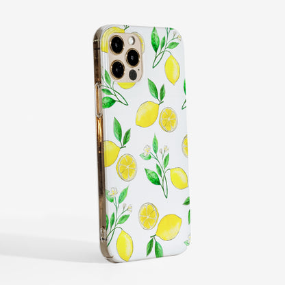 Side view of lemon phone case showing matte finish and slim case design with clear sides.