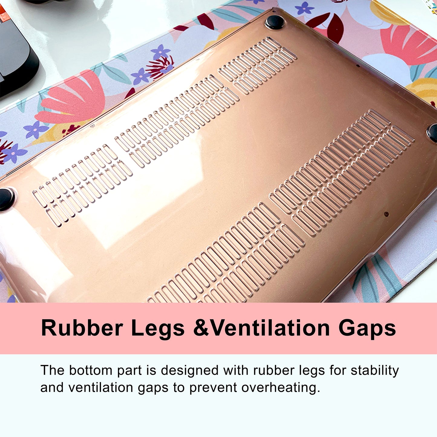Laptop case with rubber legs and ventilation gaps on a colorful surface