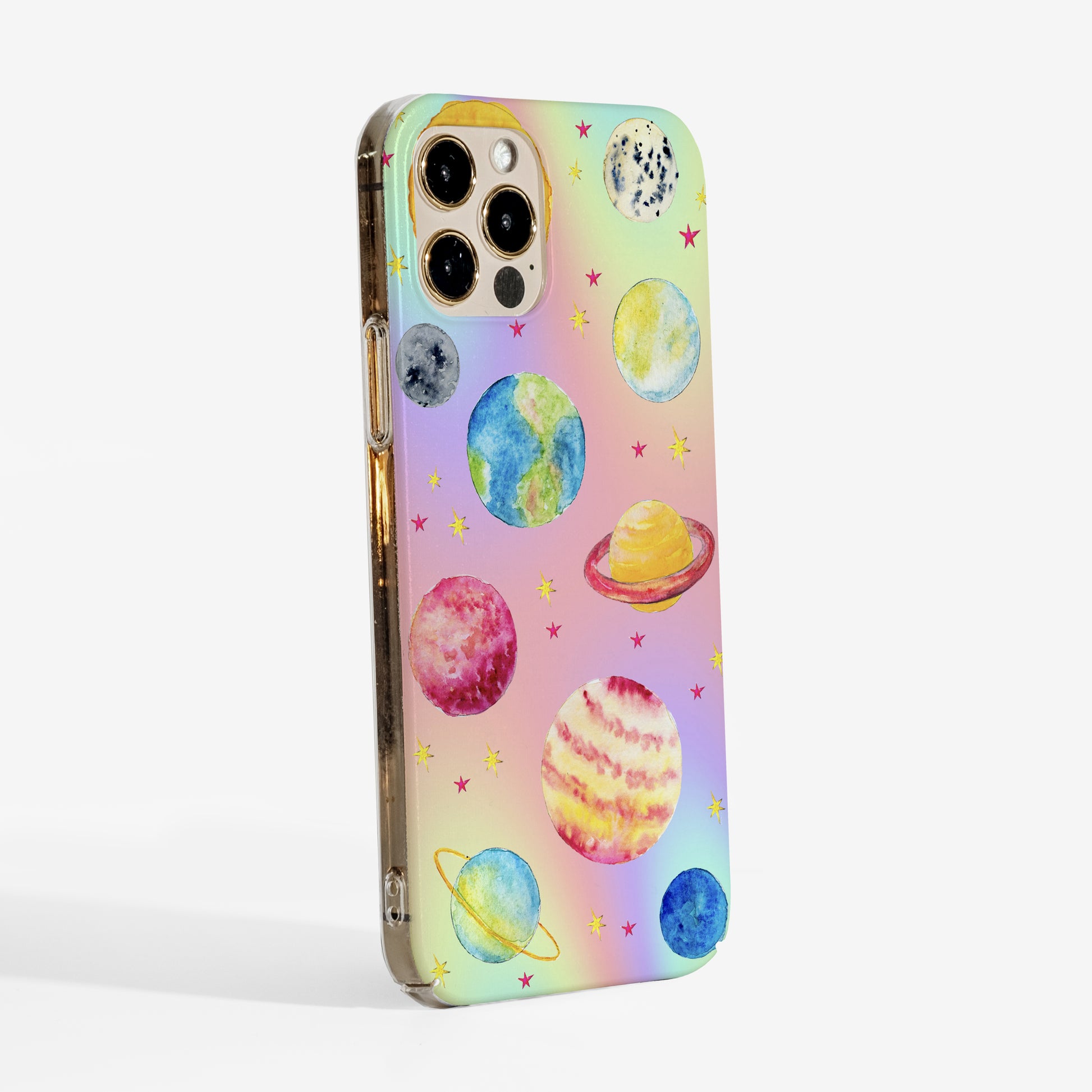  Side view of magical planets phone case with clear sides and slim durable design.