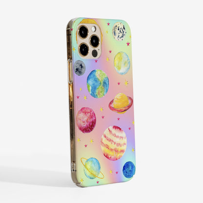  Side view of magical planets phone case with clear sides and slim durable design.