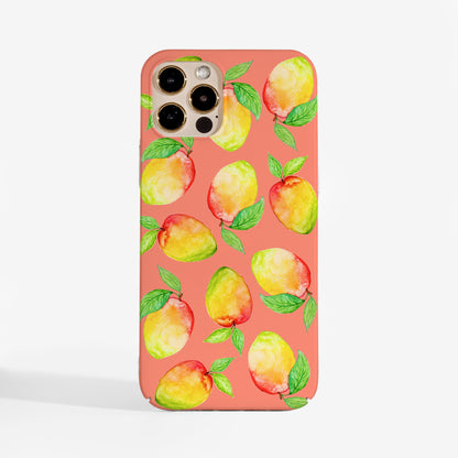 Bright and stylish mango phone case featuring vibrant peachy background and watercolour mangos. A protective art phone case for iPhone, Samsung, and Google Pixel 