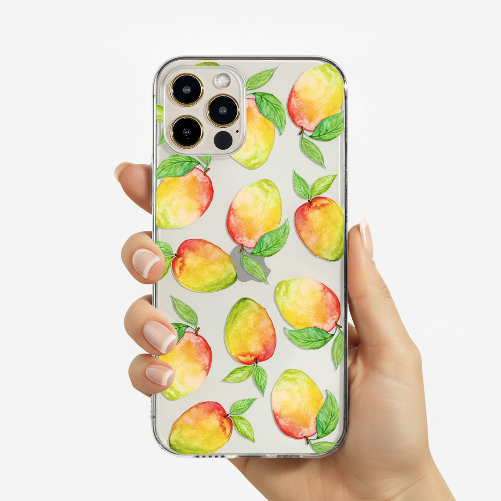 woman holding the clear mango phone case 