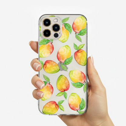 woman holding the clear mango phone case 