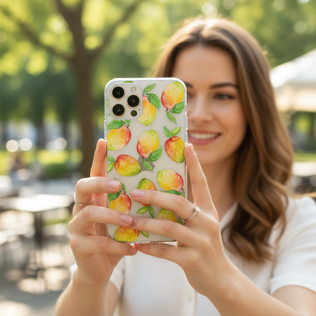 woman taking a selfie using a phone that has the clear mango phone case