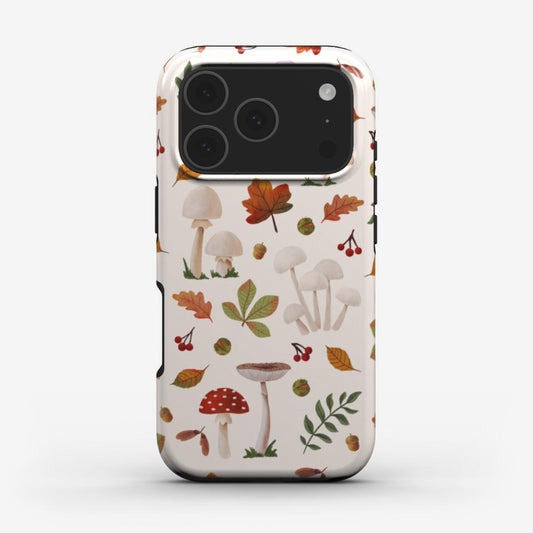 Tough phone case with watercolour mushrooms and autumn leaves 