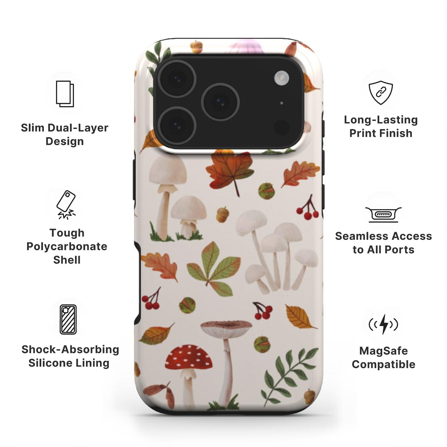 Mushroom Tough Phone Case showing features like dual layer protection, long-lasting print and easy access to all ports