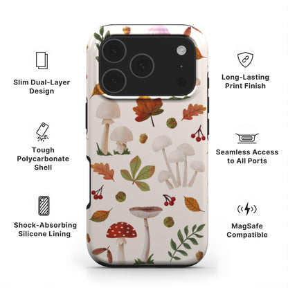 Mushroom Tough Phone Case showing features like dual layer protection, long-lasting print and easy access to all ports
