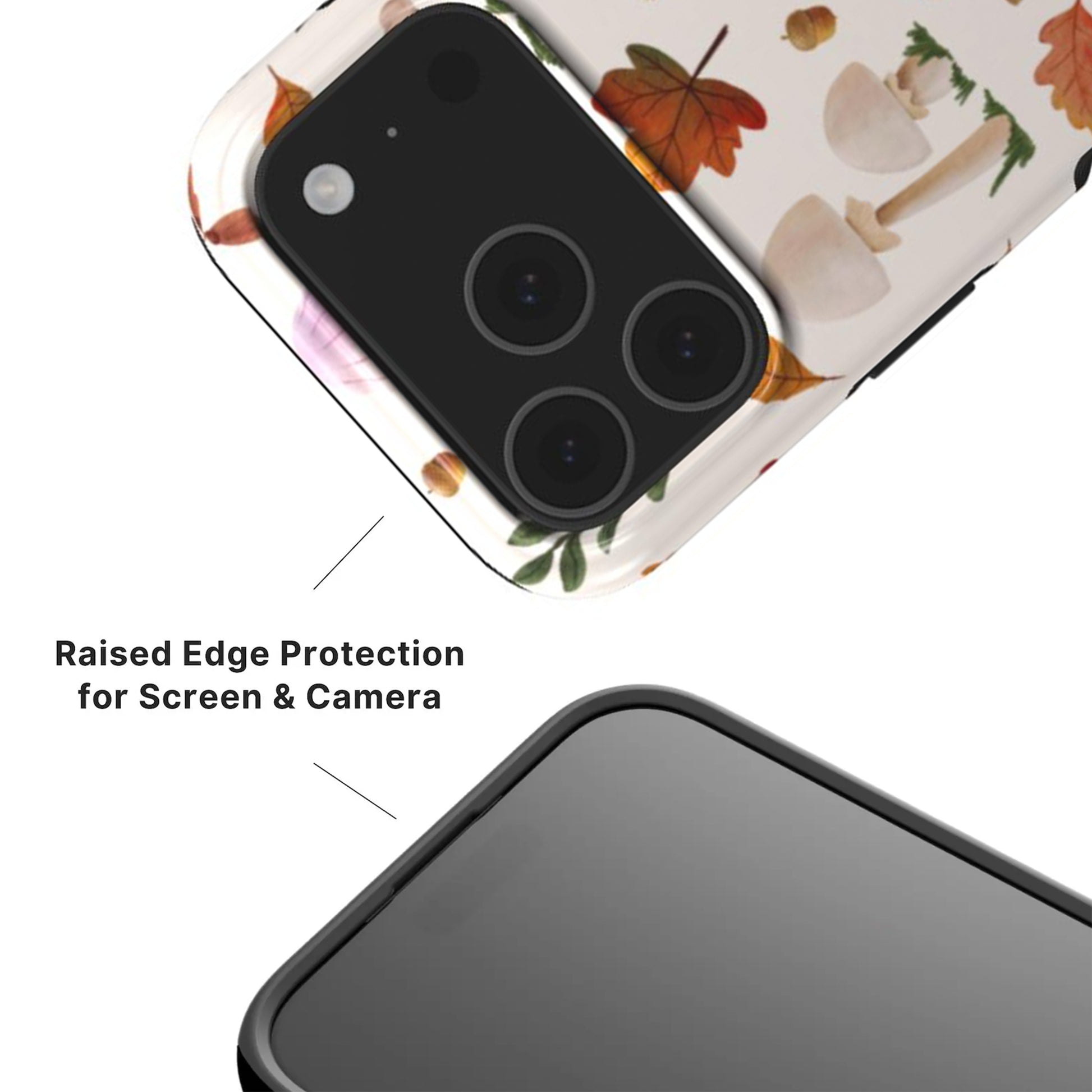 Phone case with autumn design and raised camera and lens edge protection 