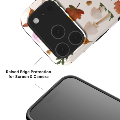 Phone case with autumn design and raised camera and lens edge protection 