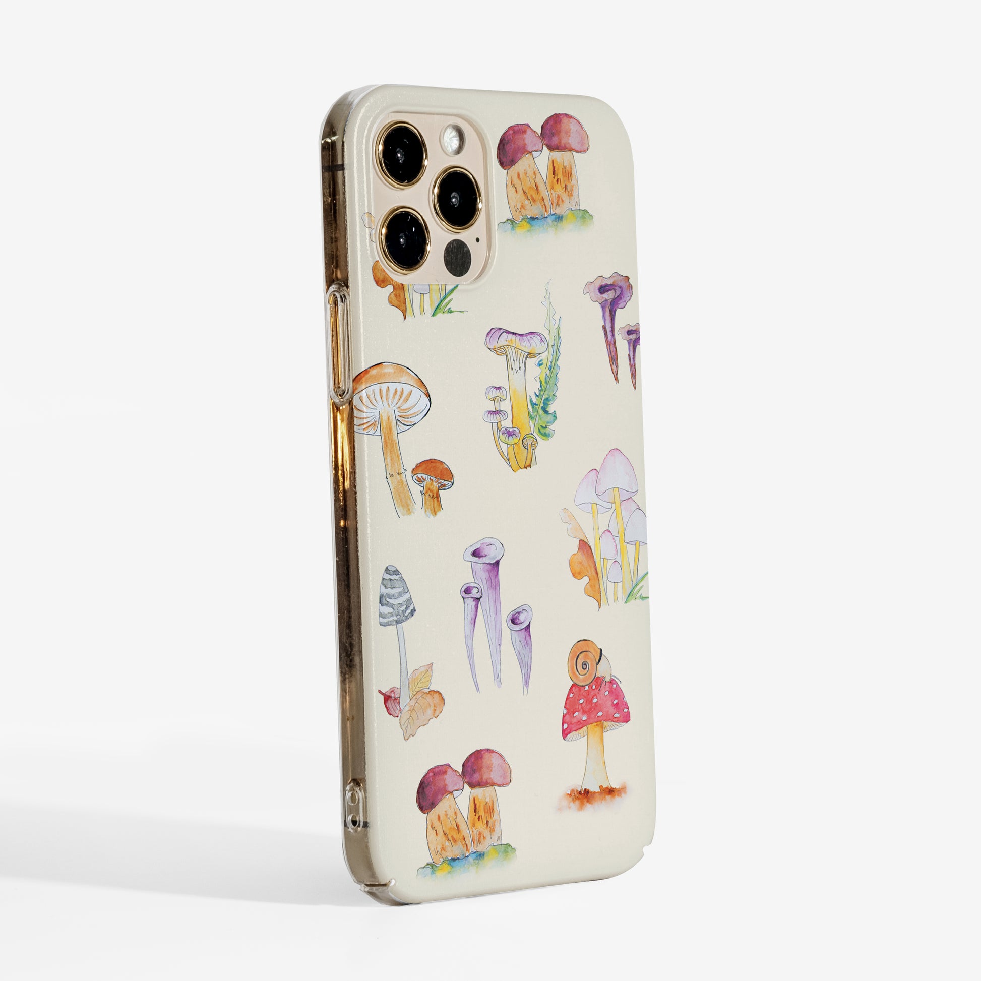 Side view showing the mushroom phone case with clear sides and durable slim fit.