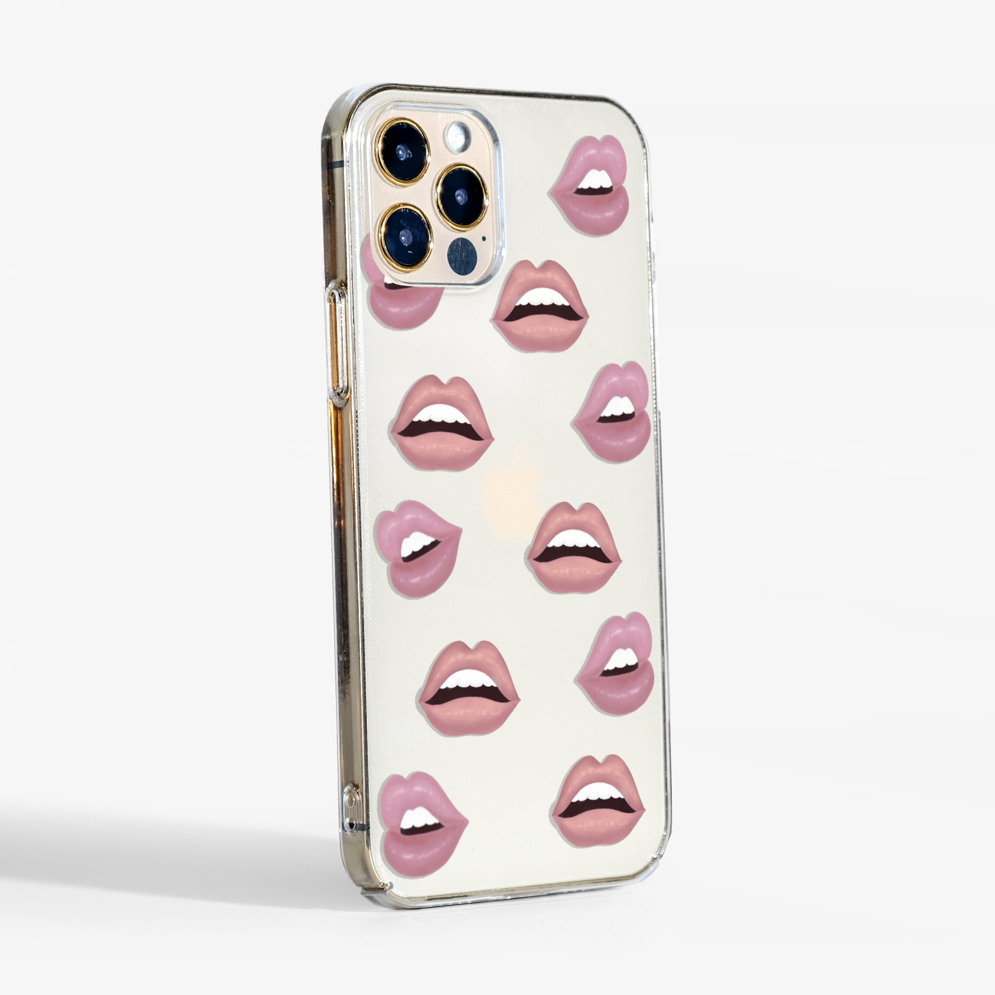 Side view showing the 'nude lips' phone case with clear sides and sleek, slim build