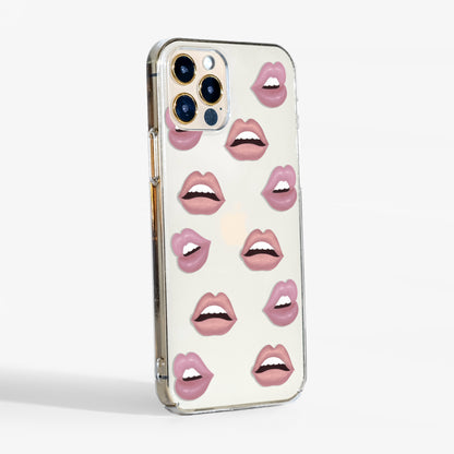 Side view showing the 'nude lips' phone case with clear sides and sleek, slim build