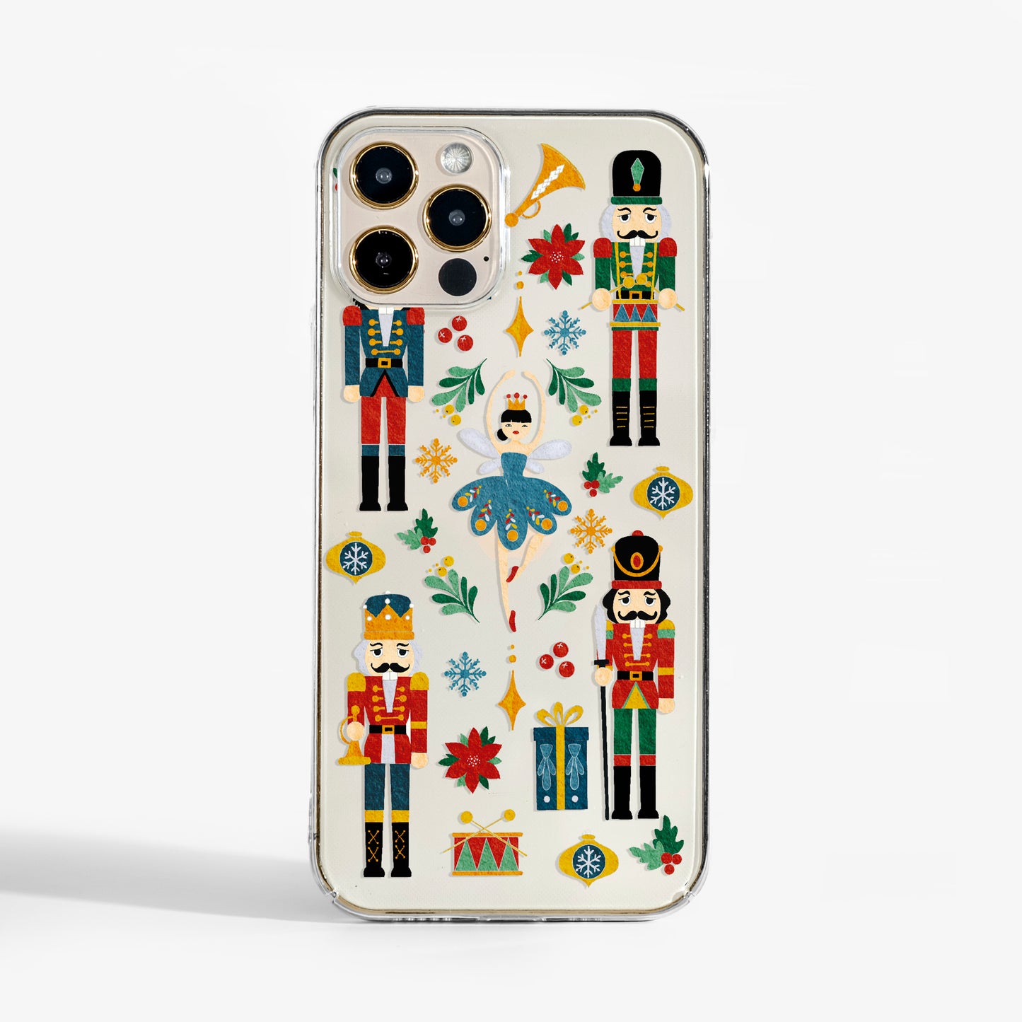 Clear Nutcracker Ballet phone case with festive holiday design. A stylish and protective phone case for Christmas season.