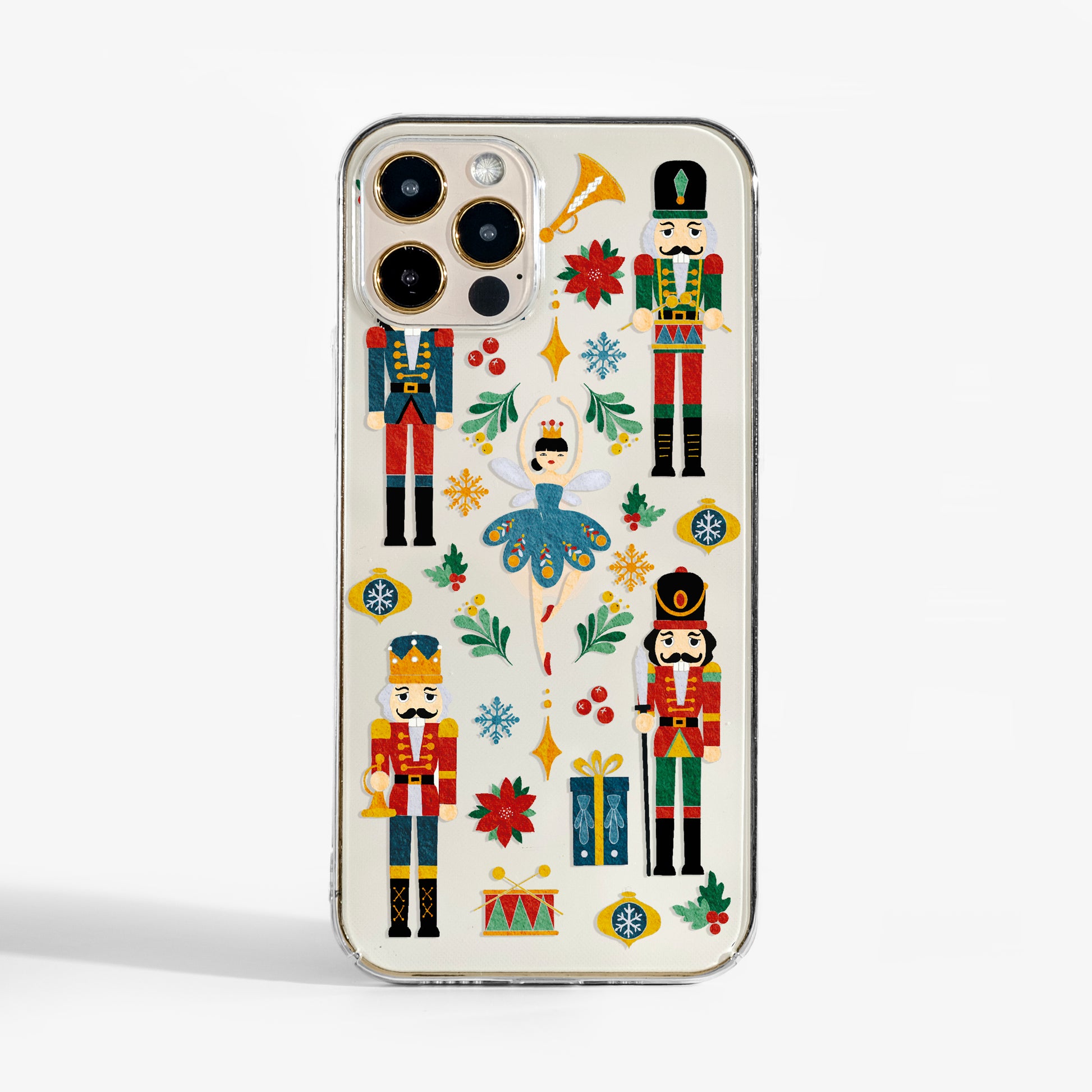 Clear Nutcracker Ballet phone case with festive holiday design. A stylish and protective phone case for Christmas season.