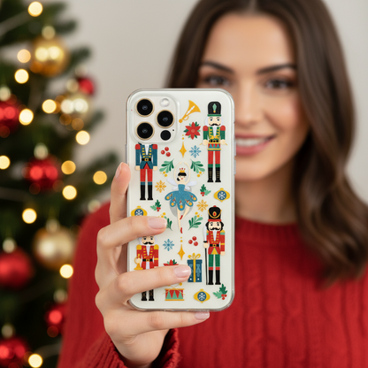 Woman holding a phone with Christmas phone case  featuring nutcracker ballet design