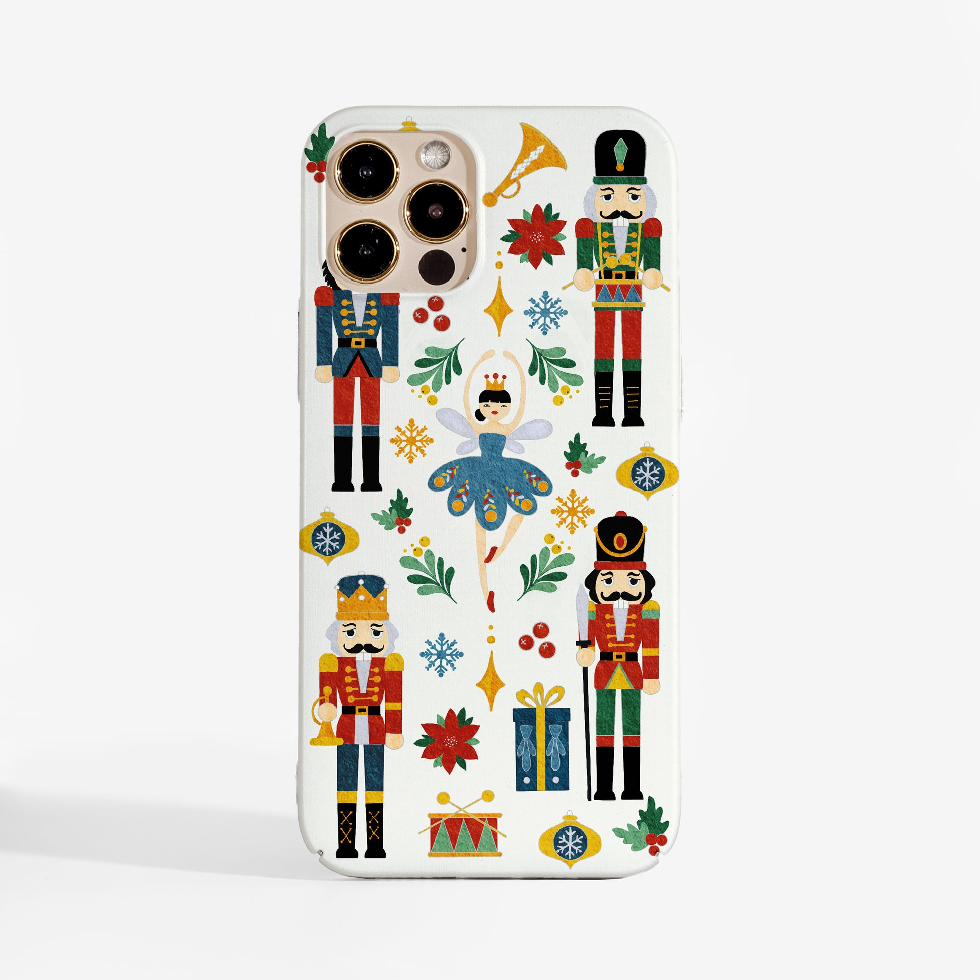 Nutcracker Ballet  phone case with festive Christmas-themed pattern on a white background and smooth matte print finsih. A protective, designer phone case for women who love holiday style.