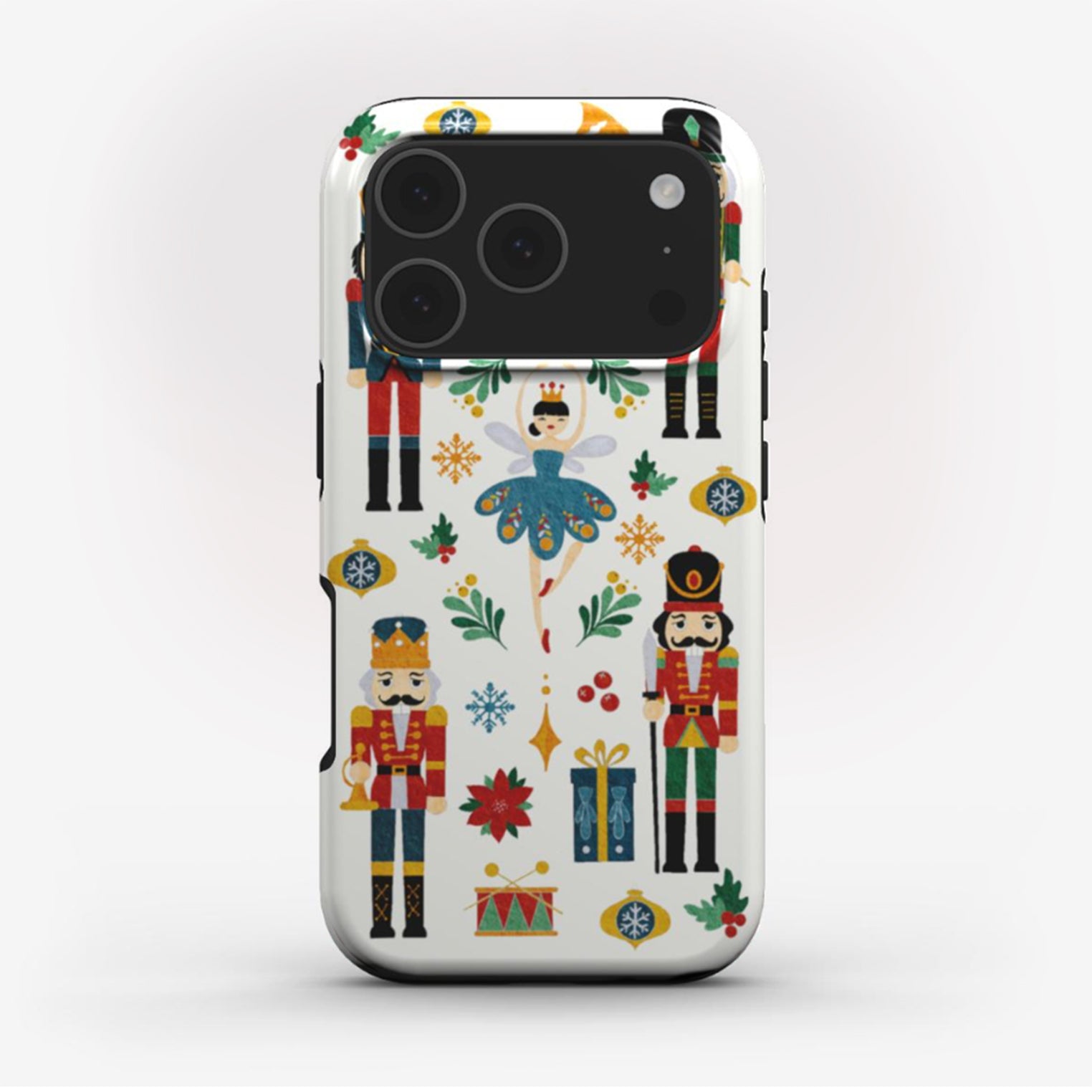Nutcracker Ballet phone case with watercolour illustrations on a white background finished with glossy print layer. A cute Christmas phone case design for iPhone and Samsung