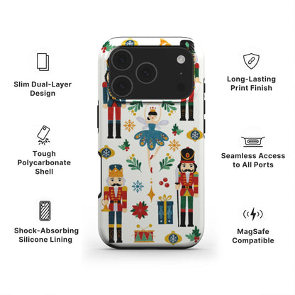 Nutcracker Ballet Tough Phone Case showing features like dual layer protection, long-lasting print and easy access to all ports 