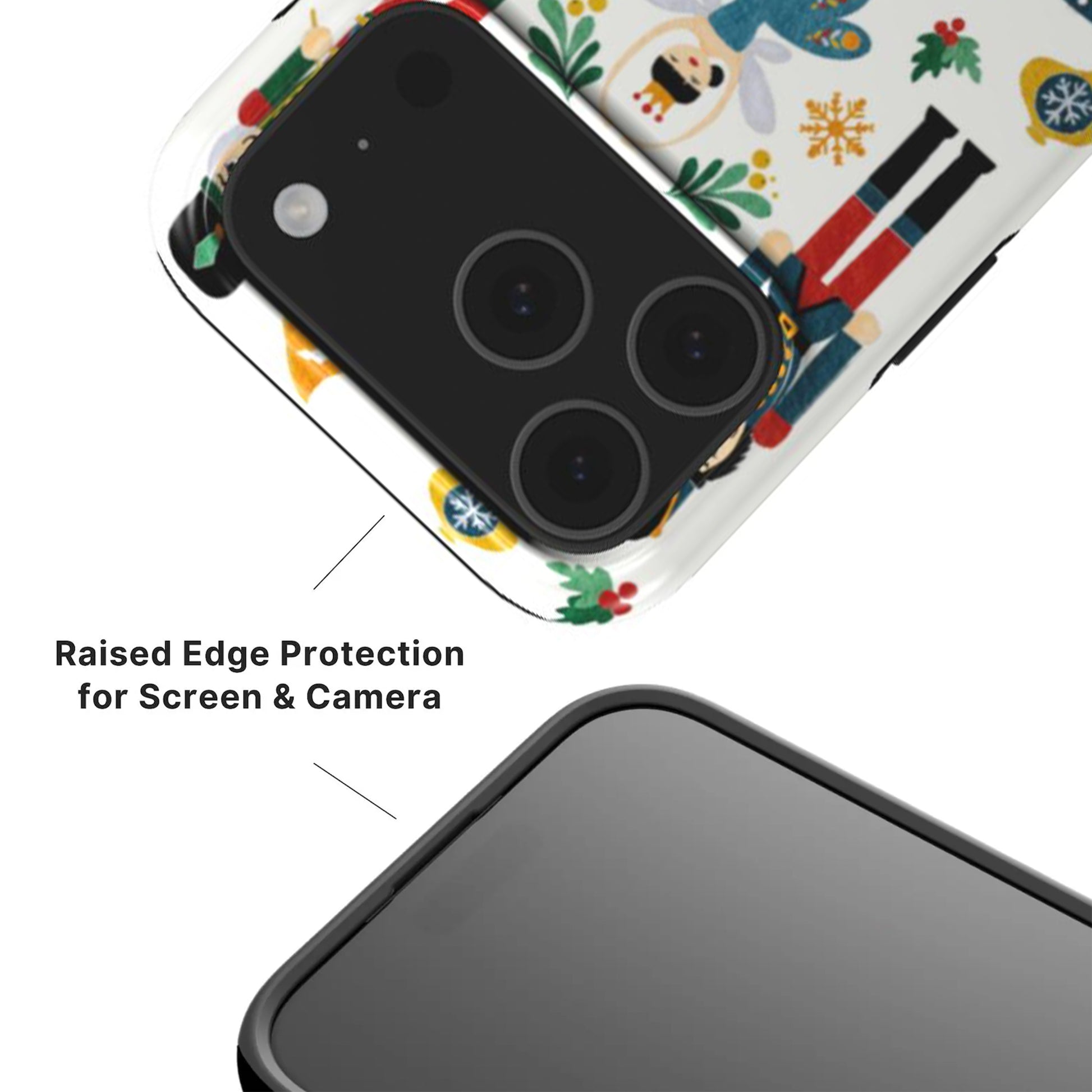 Nutcracker Ballet Phone Case showing raised camera and screen edges with black rim 