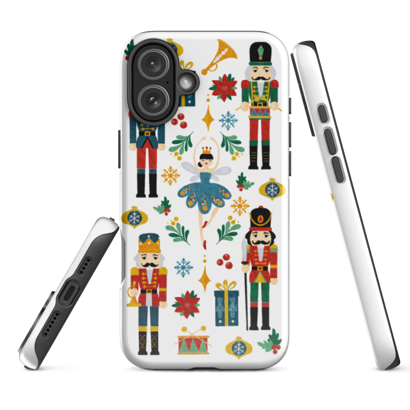 example of the iPhone 16e  Nutcracker Ballet phone Case showing glossy printed edges and dual-layer shell protection.