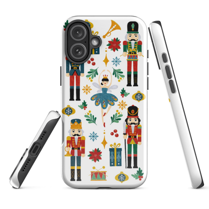 example of the iPhone 16e  Nutcracker Ballet phone Case showing glossy printed edges and dual-layer shell protection.