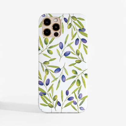 Elegant 'olives' phone case with Mediterranean inspired design featuring watercolour olives on a white background- stylish protective phone case for iPhone, Samsung, and Google Pixel.